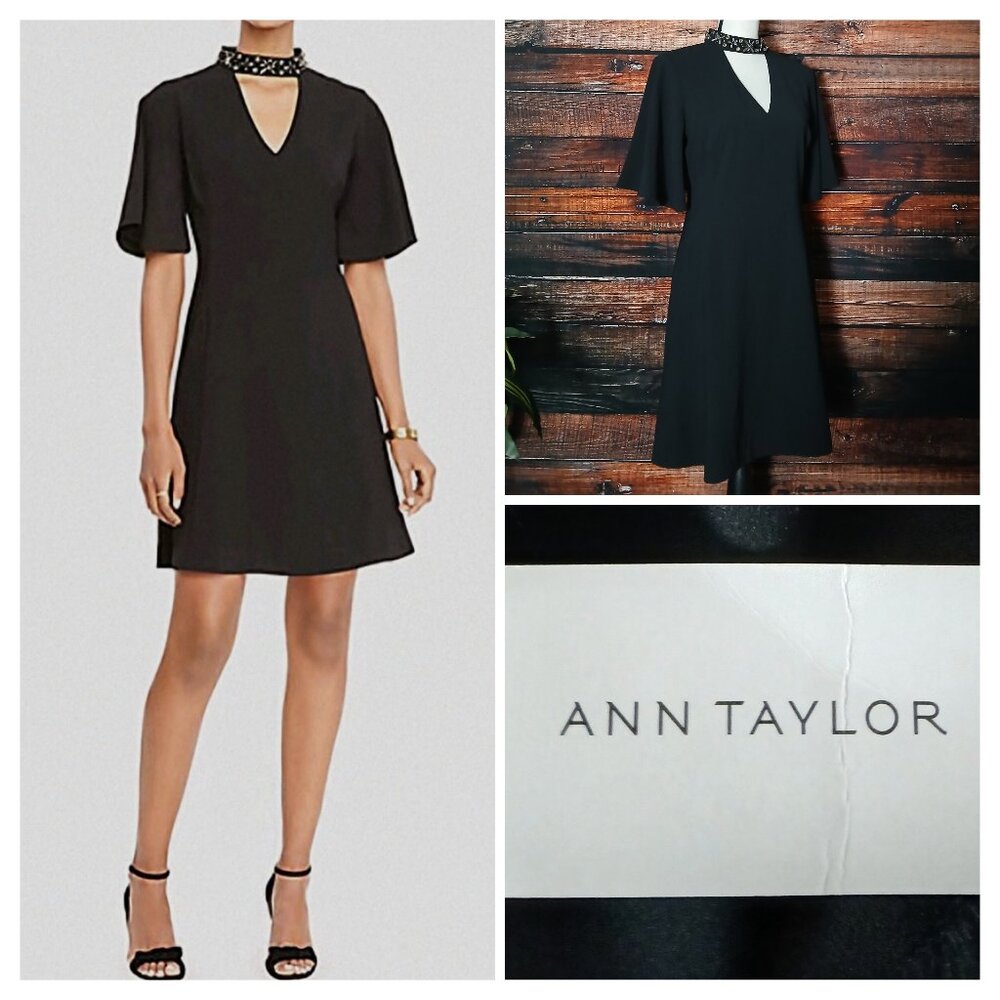 NWT Ann Taylor Dress Size 6 Black Beaded Choker Flutter Sleeve